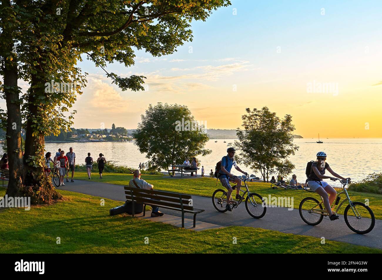 Coppie giovani in bicicletta, altri a piedi o a jogging nel tardo pomeriggio e godersi il tramonto allo Stanley Park Vancouver, British Columbia, Canada Foto Stock