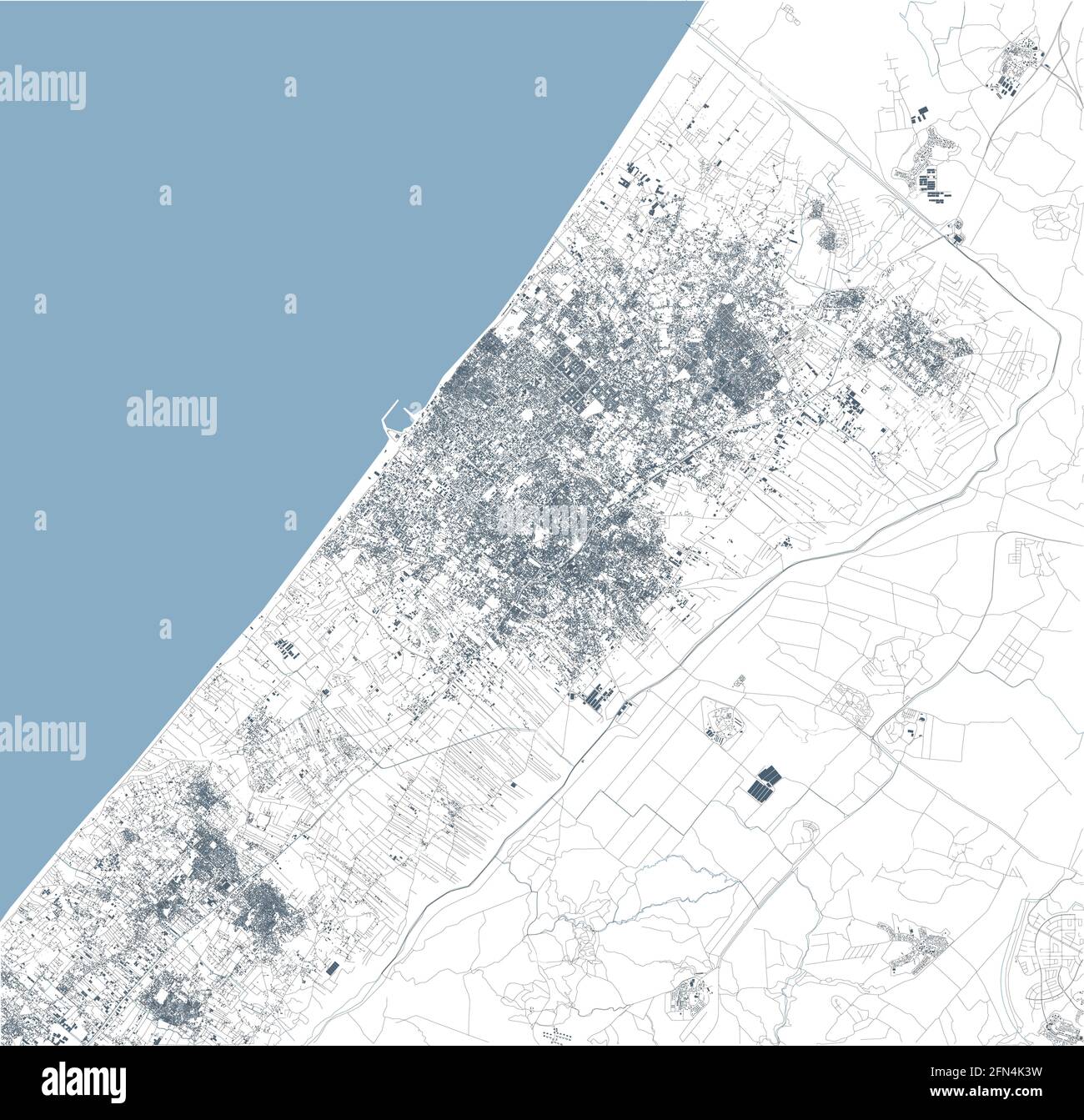 Vista satellitare della striscia di Gaza lato nord. Strade abitazioni e confini dei territori palestinesi con Israele. Mappa politica. Città di Gaza. Vettore Illustrazione Vettoriale