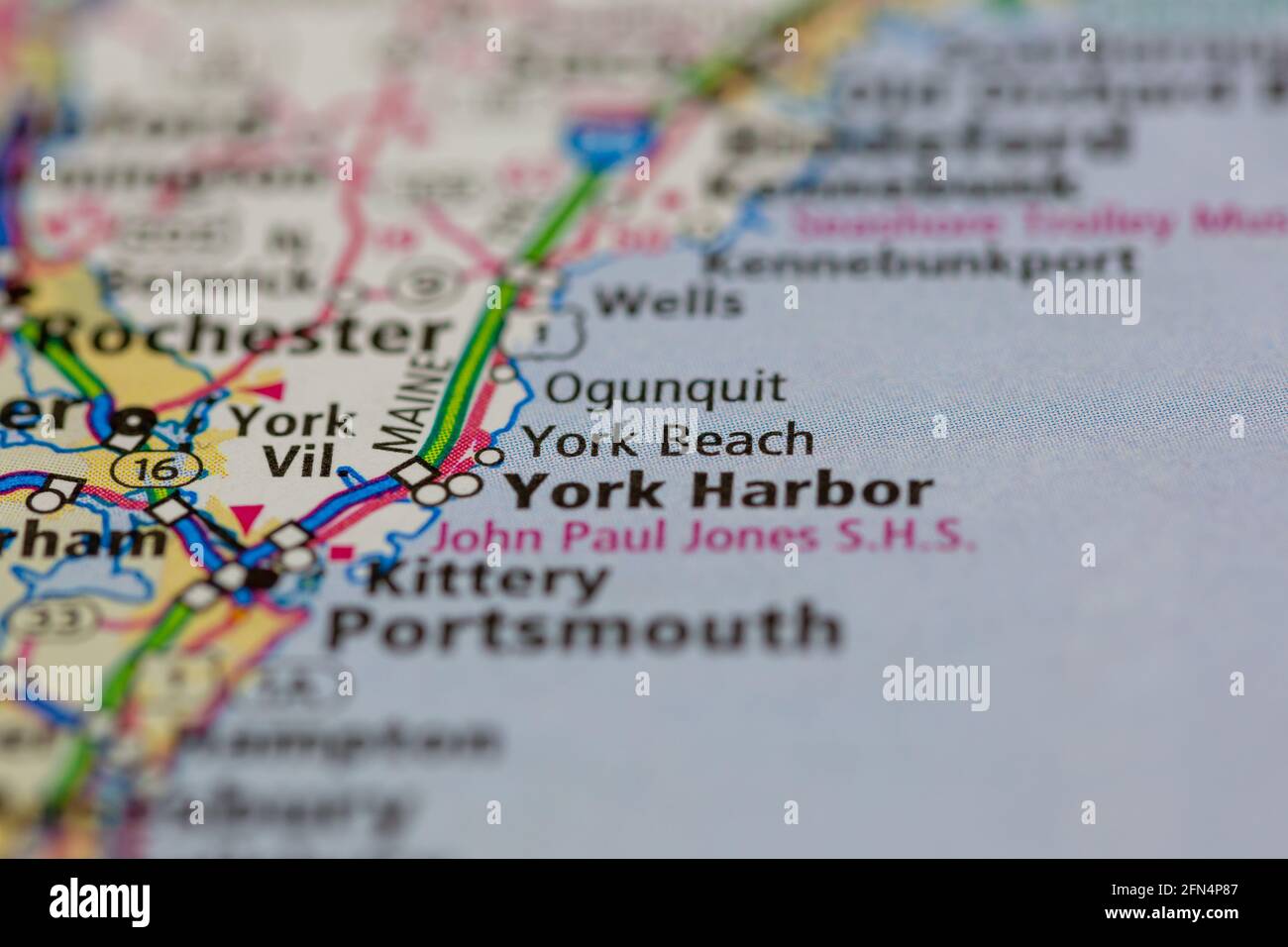 York spiaggia Maine USA mostrato su una mappa di Geografia o. mappa stradale Foto Stock