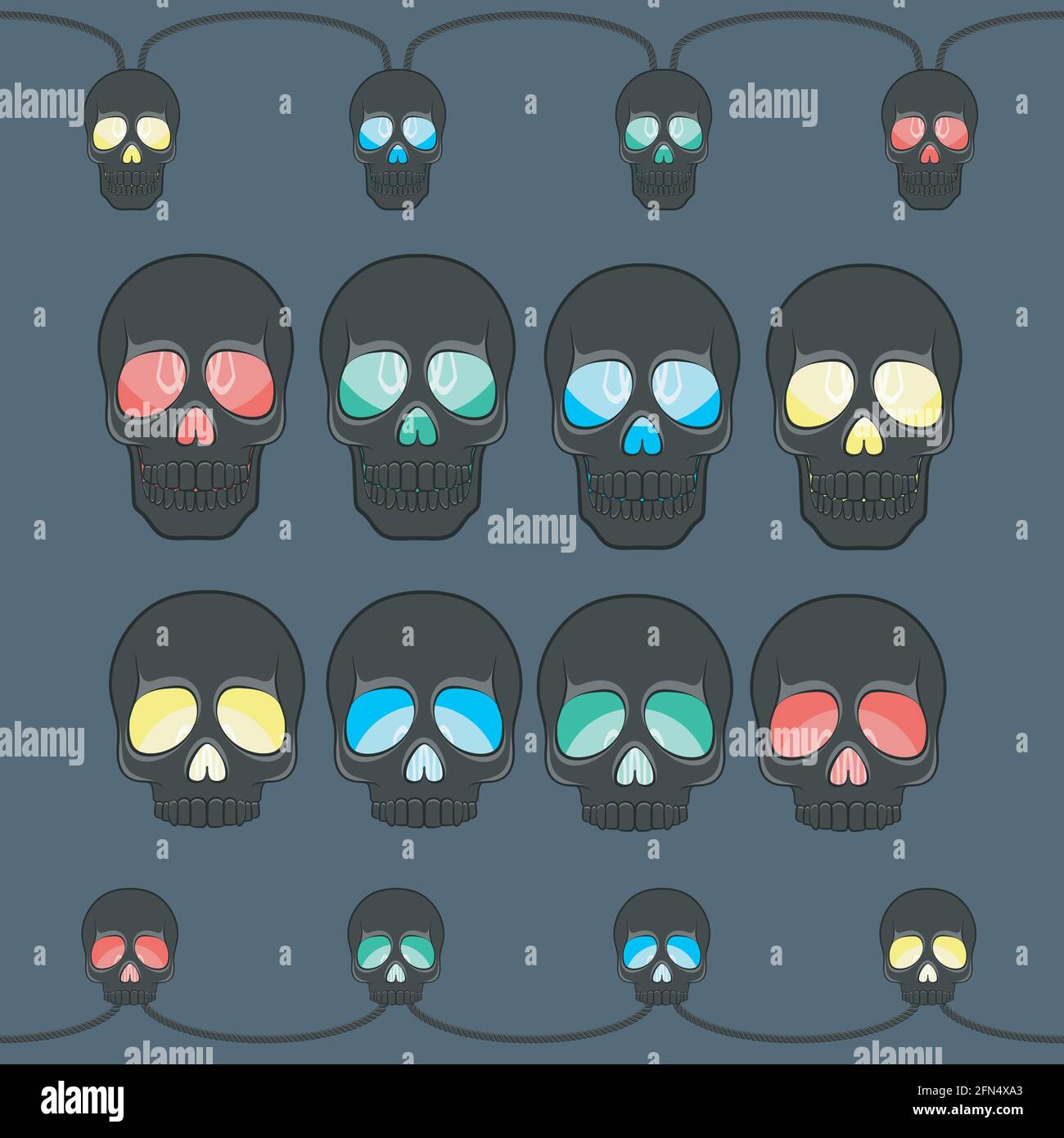 Garland con luci sotto forma di cranio. Oggetti isolati. Illustrazione Vettoriale