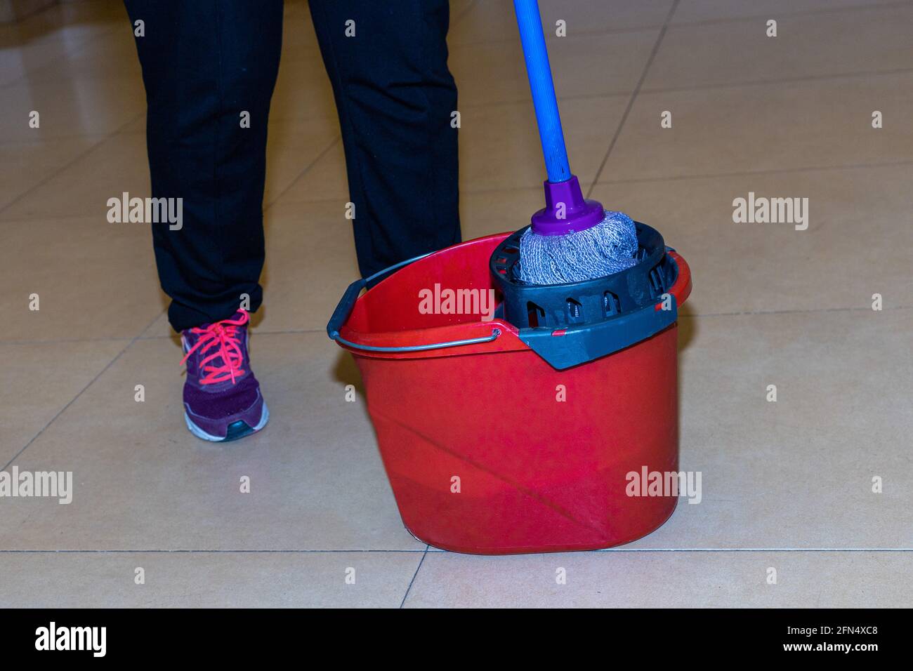 dettaglio di una governante che pulisce il pavimento con un secchio e un  mop con acqua, sapone e prodotti per la pulizia con fuoco selettivo Foto  stock - Alamy