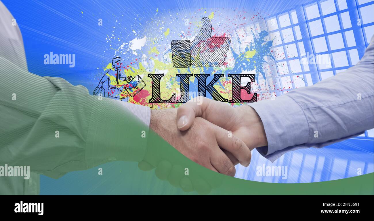 Onda digitale su una sezione centrale di due uomini d'affari che scuotono le mani contro come il testo e pollici su icona Foto Stock