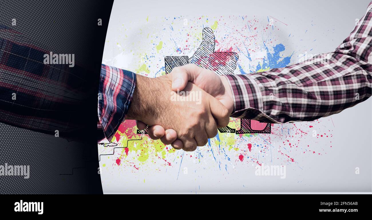 Onda digitale su una sezione centrale di due uomini d'affari che scuotono le mani contro come il testo e pollici su icona Foto Stock