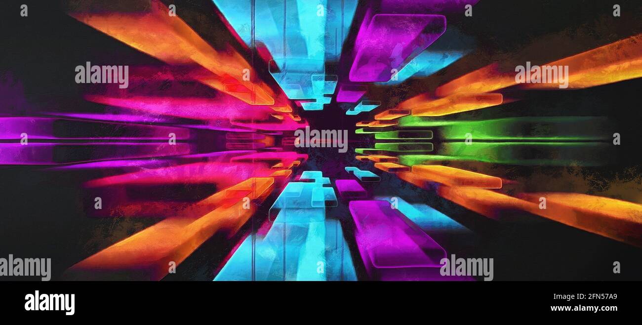 Blocchi geometrici multicolore. Ampia vista panoramica. Sfondo futuristico Foto Stock