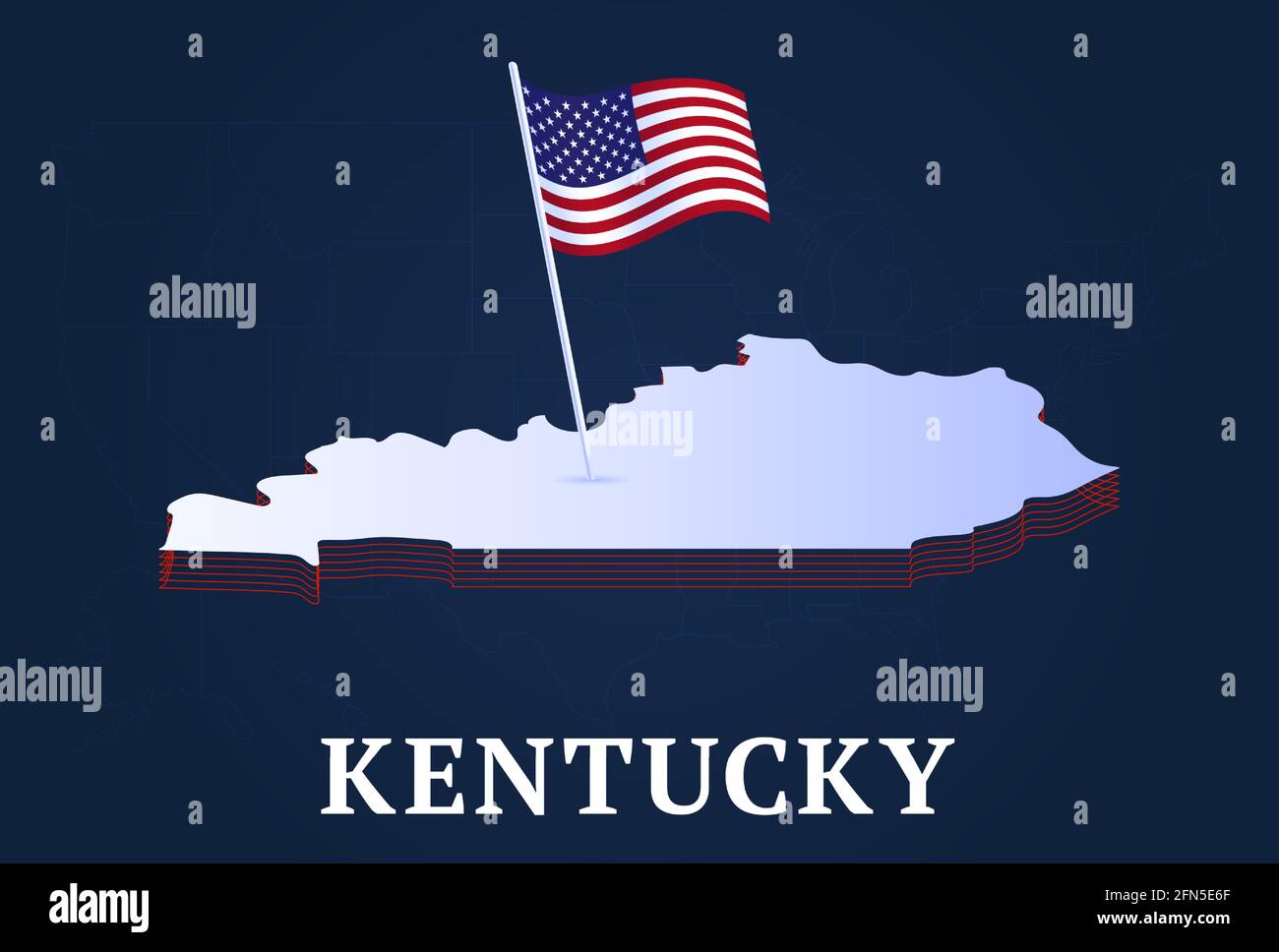 mappa isometrica dello stato del kentucky e bandiera nazionale degli Stati Uniti 3D isometrica Figura del vettore di stato di noi Illustrazione Vettoriale