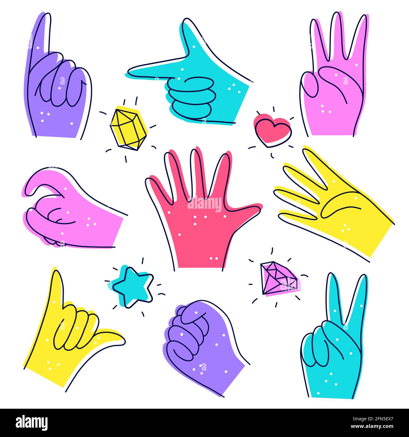 Set di mani carine e diverse. Illustrazione in stile doodle. Designazione dei numeri con le mani, gesti isolati su bianco. Design piatto. Illustrazione vettoriale trendy disegnata a mano. Illustrazione Vettoriale