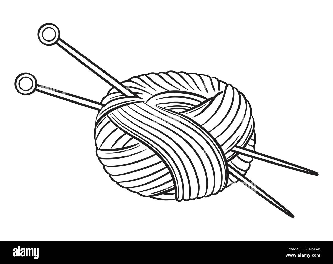 Matassa del filo. Icona filo con aghi da maglieria. Maglia fatta a mano. Lana di palla o fibra di cotone. Hobby del lavoro dell'ago, generi la maglia a mano. Vettore di contorno Illustrazione Vettoriale