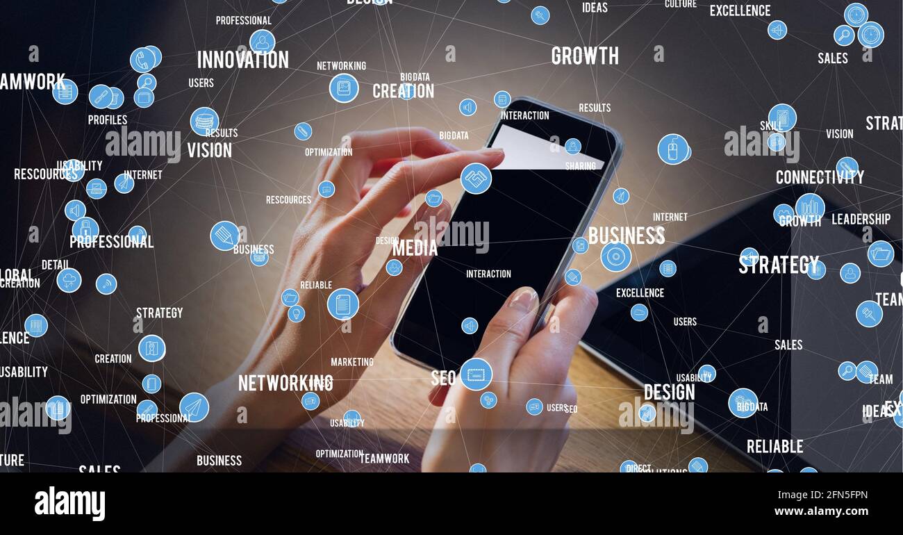 Composizione di una rete di icone digitali e di testo su donna utilizzo dello smartphone in background Foto Stock