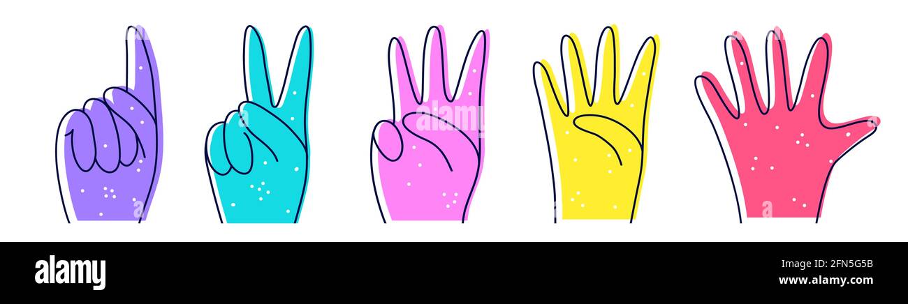 Numeri con le mani illustrazione in stile doodle. Designazione dei numeri con le mani, i gesti. Contando a dieci - mani, geroglifici. Illustrazione Vettoriale