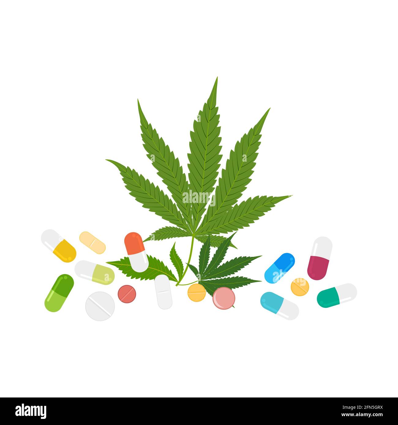 CBD capsule e pillole con foglie verdi di marijuana medica isolato su sfondo bianco. Canapa sana, cannabis, illustrazione vettoriale. Illustrazione Vettoriale