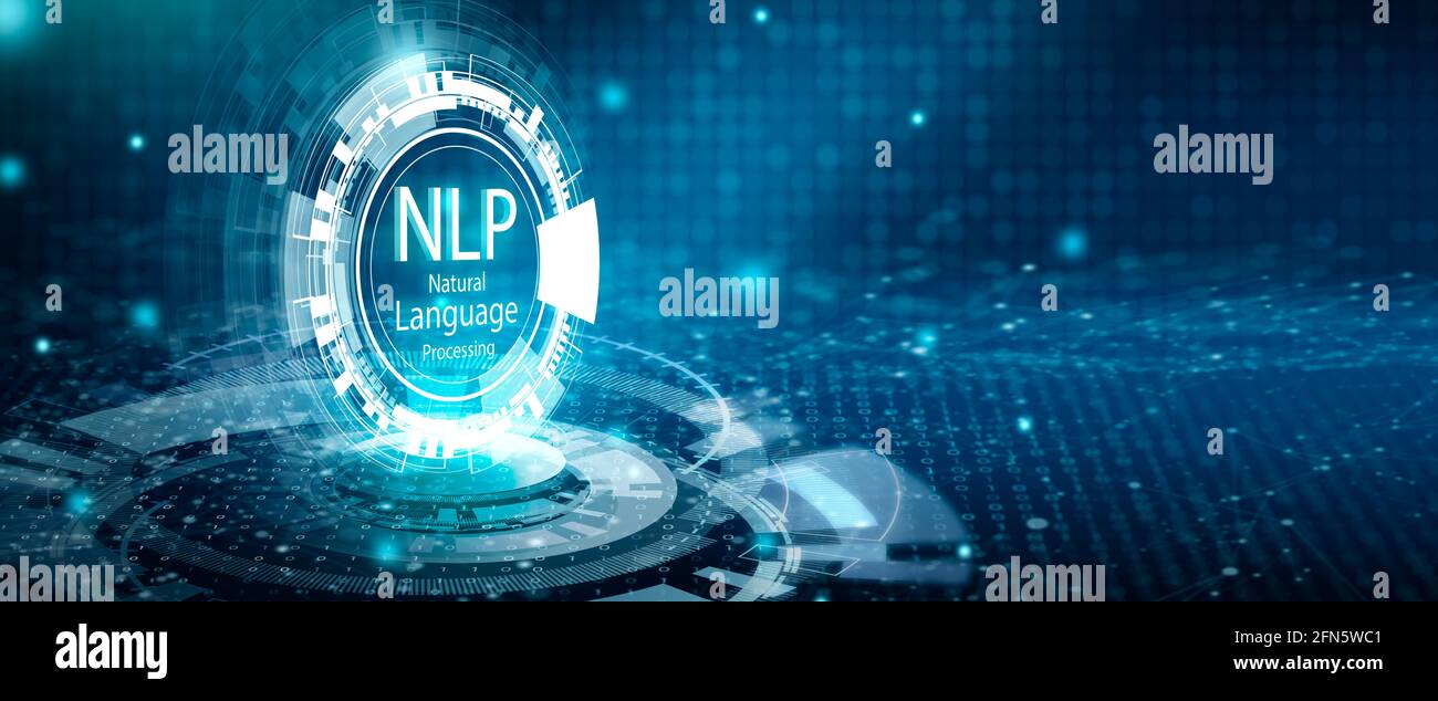 Immagine della schermata virtuale con sfondo della mappa del mondo. NLP Natural Language Processing concetto di tecnologia di elaborazione cognitiva. Foto Stock