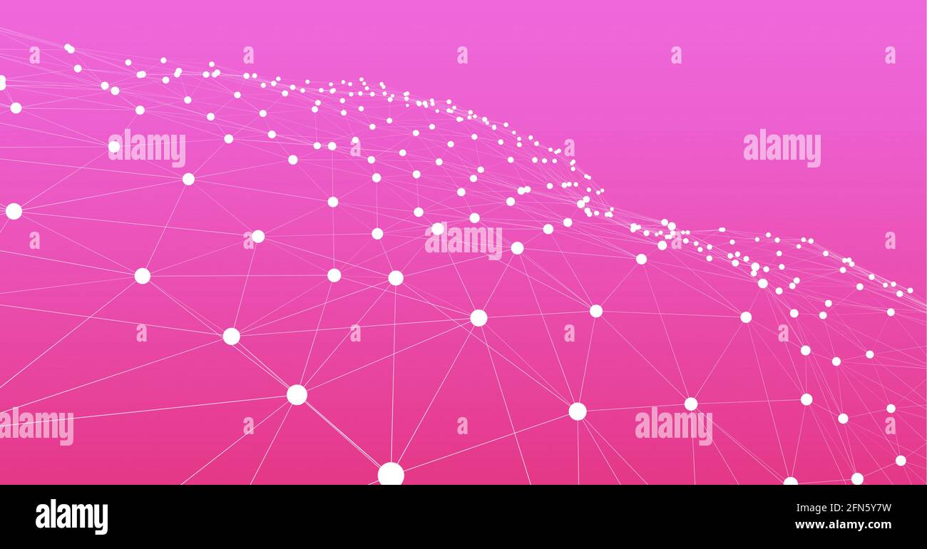 Rete luminosa di connessioni su sfondo a gradiente viola e rosa Foto Stock