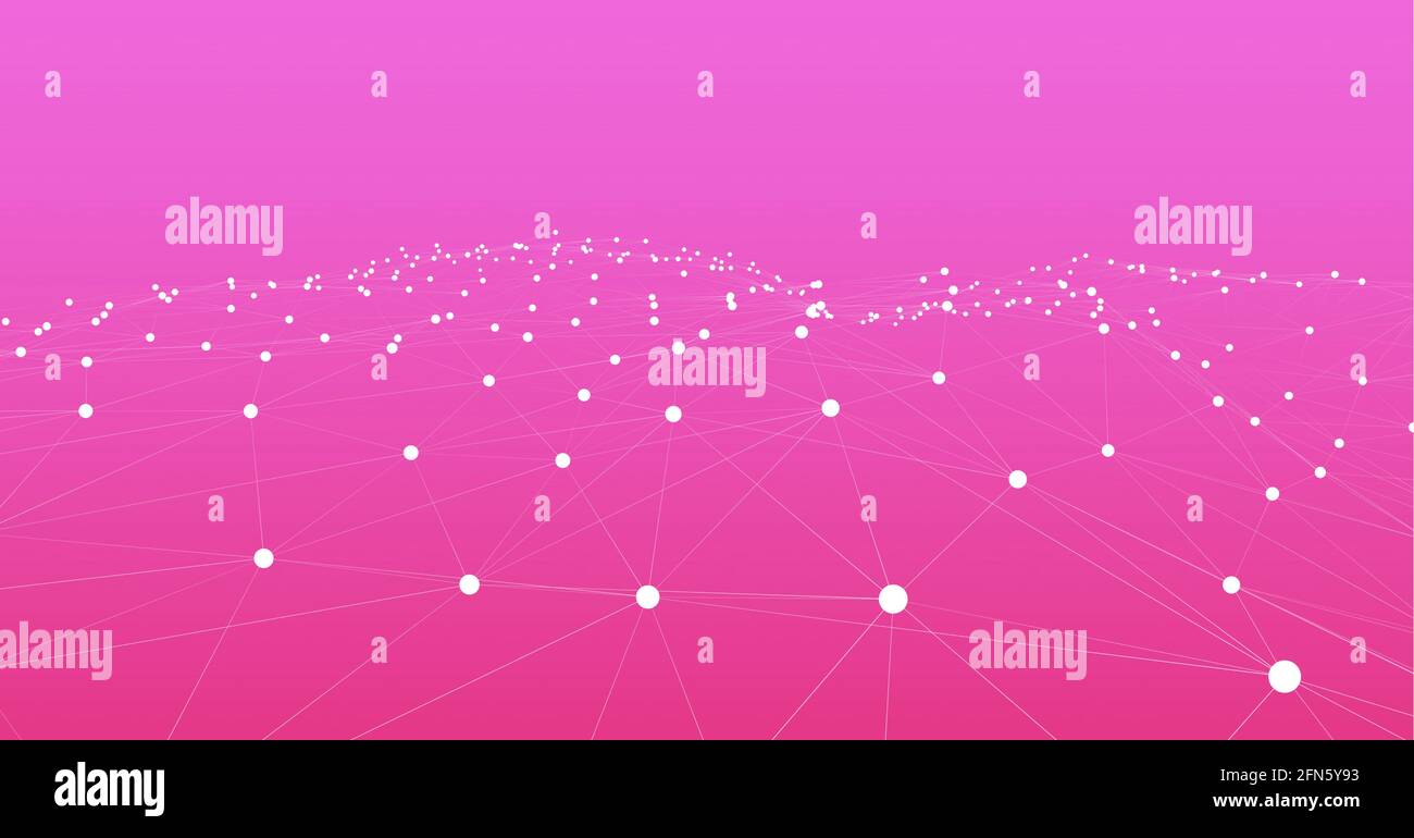 Rete luminosa di connessioni su sfondo a gradiente viola e rosa Foto Stock