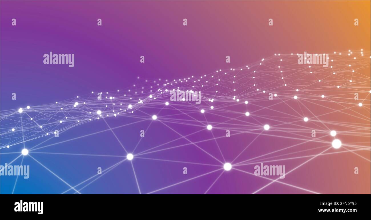 Rete luminosa di connessioni su sfondo viola e blu Foto Stock