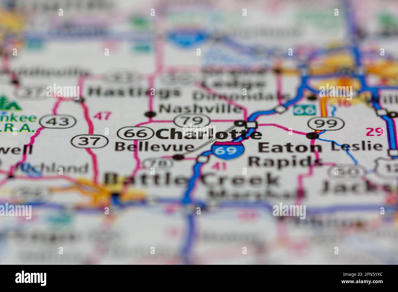 Charlotte Michigan USA su una mappa geografica o su una strada mappa Foto Stock