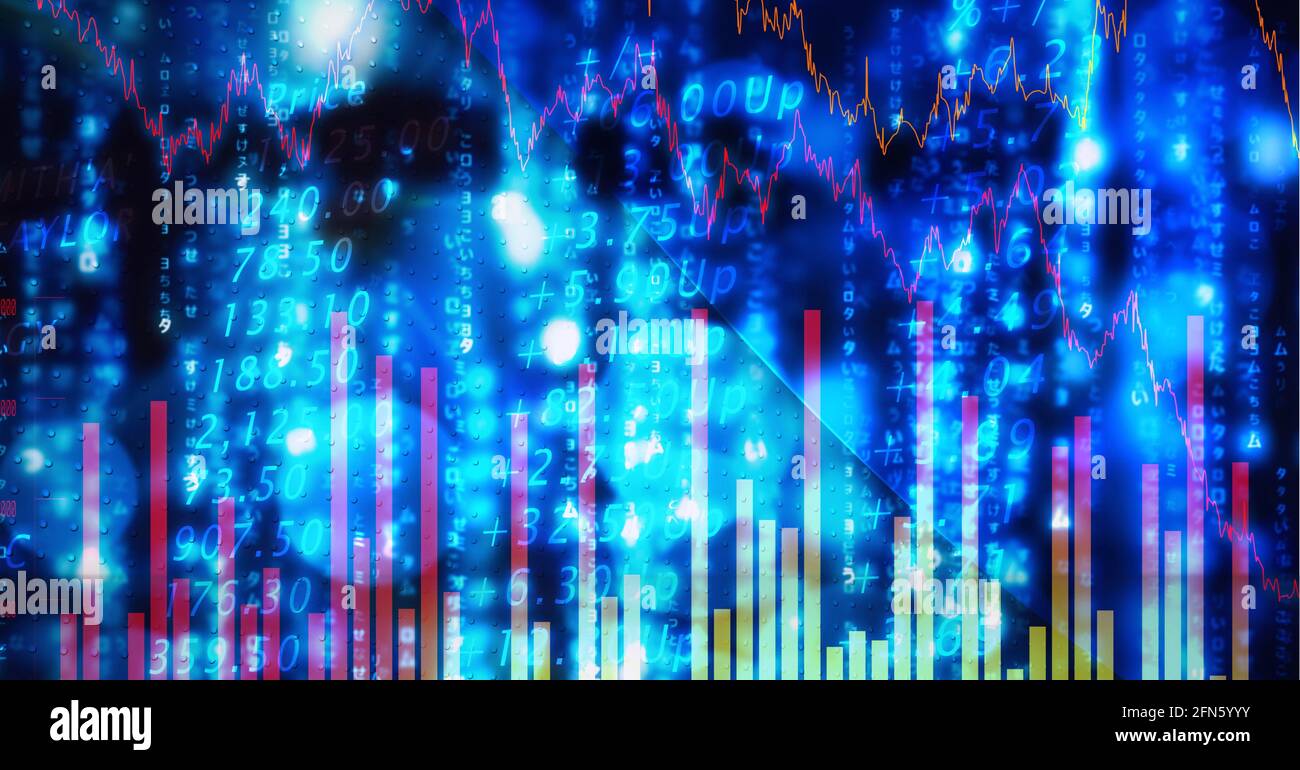 Composizione del trattamento dei dati finanziari su sfondo blu brillante Foto Stock