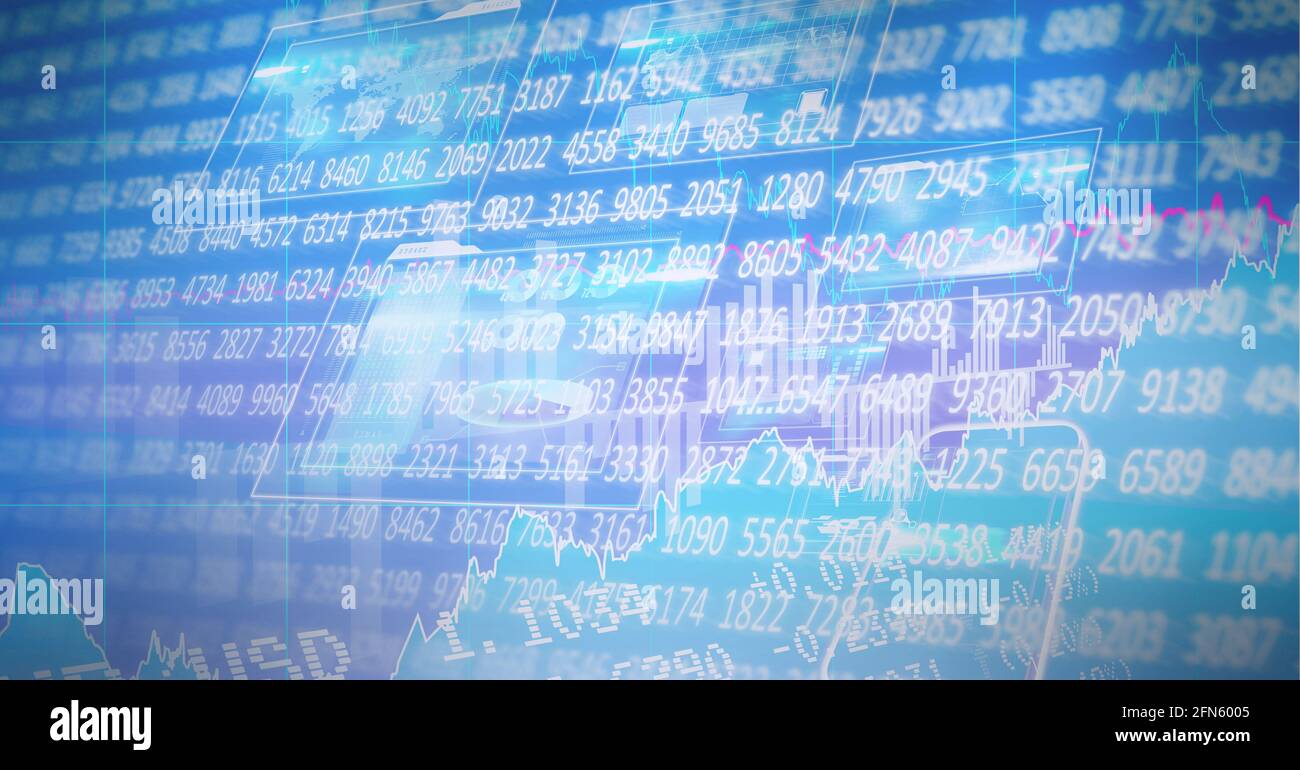 Composizione del trattamento dei dati finanziari su sfondo blu Foto Stock