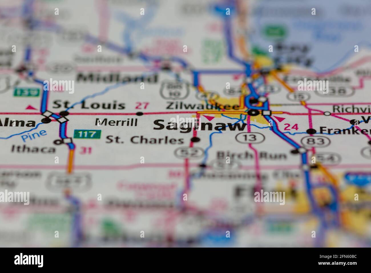 Saginaw Michigan USA mostrato su una mappa geografica o su una strada mappa Foto Stock