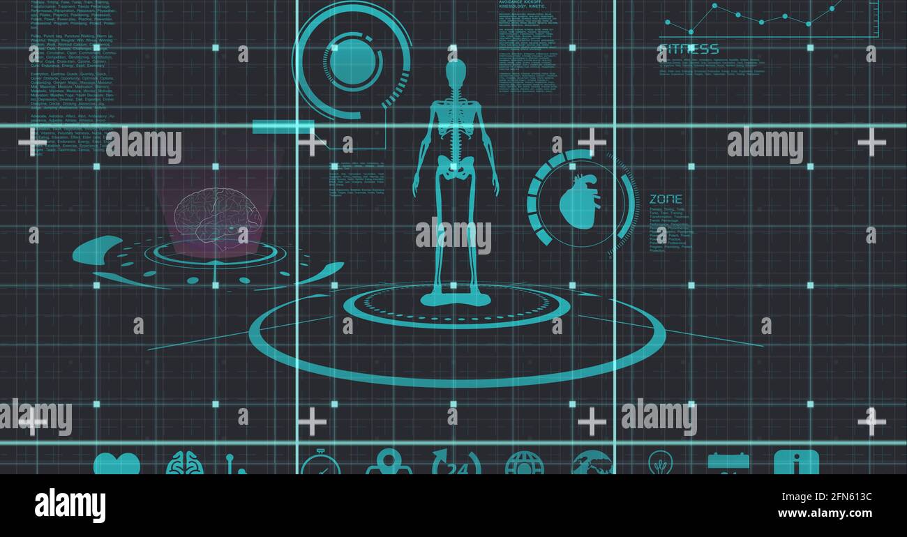 Composizione delle icone mediche dello scheletro umano e elaborazione dei dati su sfondo nero Foto Stock