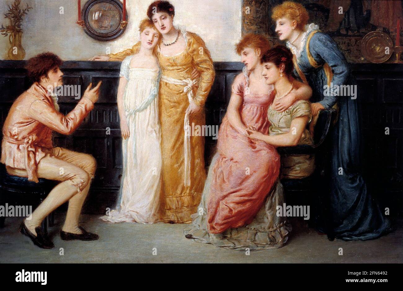 Simeone Salomone. Dipinto intitolato 'A Youth reling Tales to Ladies' dell'artista inglese Simeon Solomon (1840 -1905), olio su tela, 1870 Foto Stock