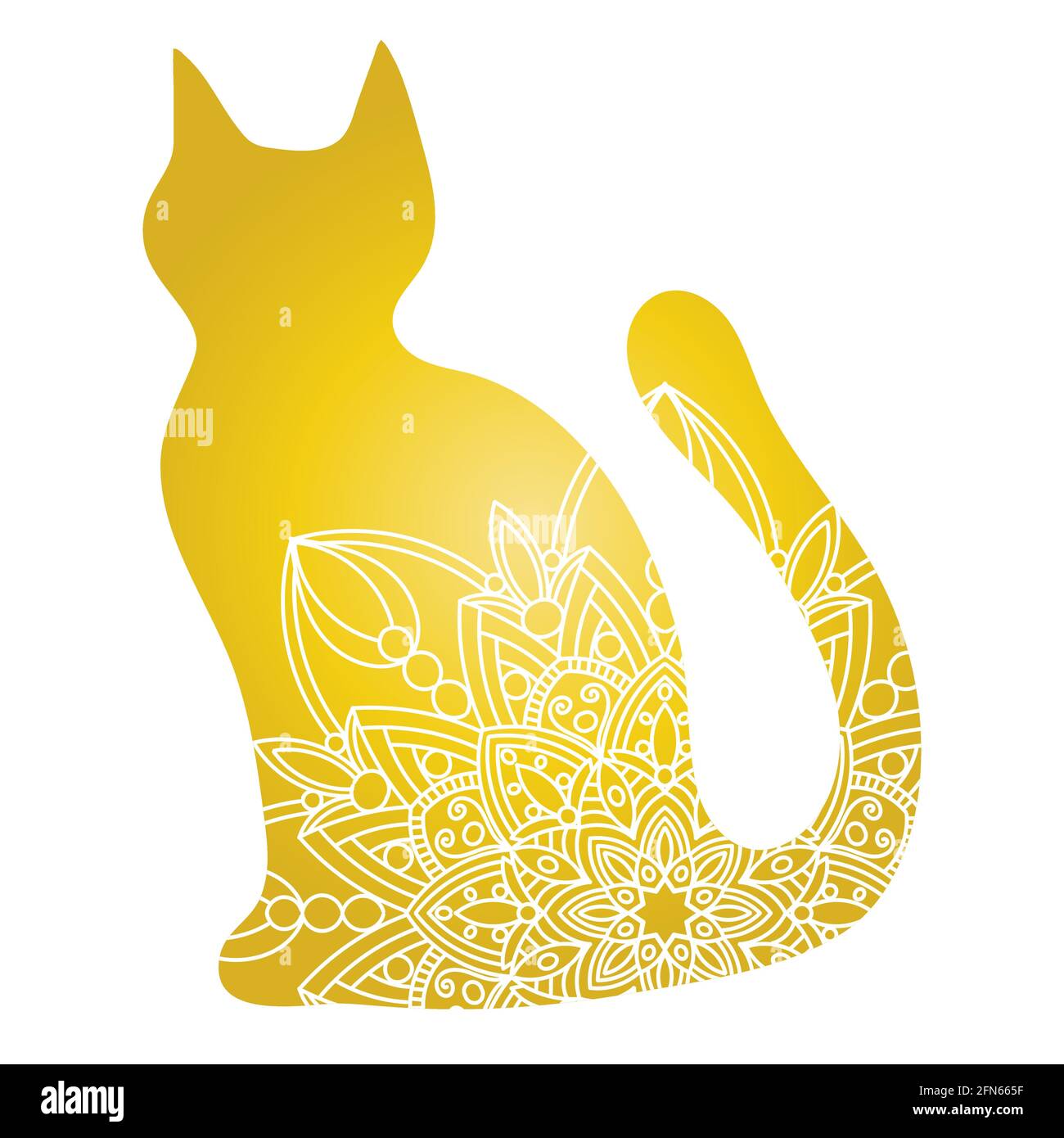 Doodle gatto mandala in oro e bianco per pagina libri da colorare adulti, modello vettoriale animale. Design antistress. Illustrazione Vettoriale