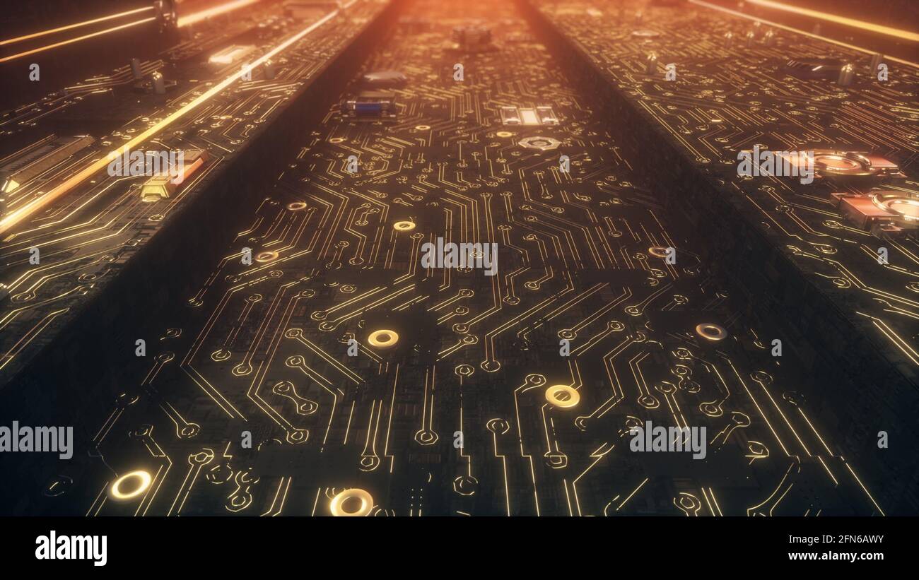 Rendering 3D di una scheda madre con microchip, transistor e semiconduttori Foto Stock