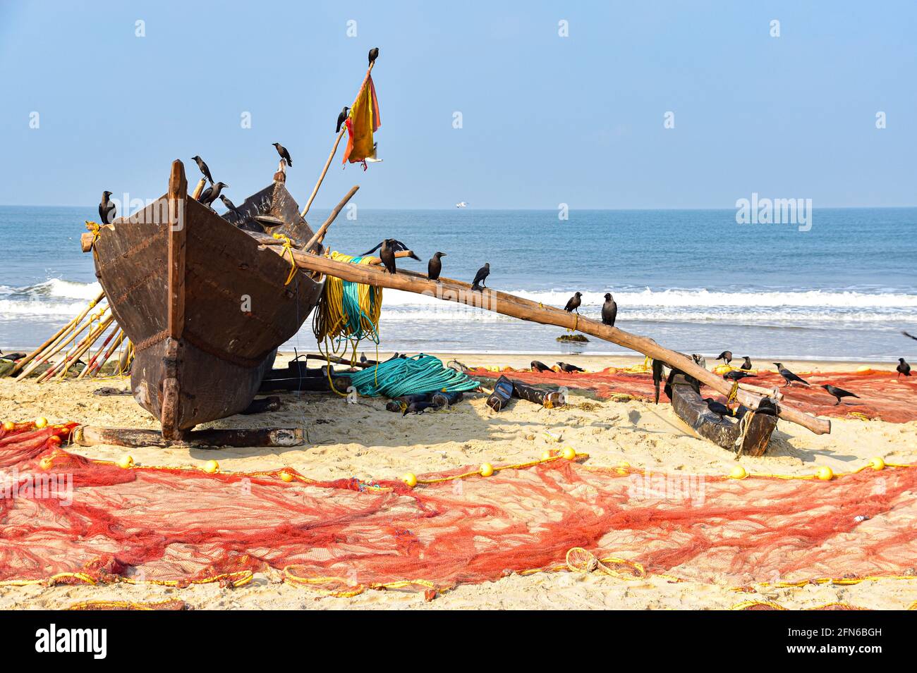 Corvi sulla barca da pesca, Goa, India Foto Stock