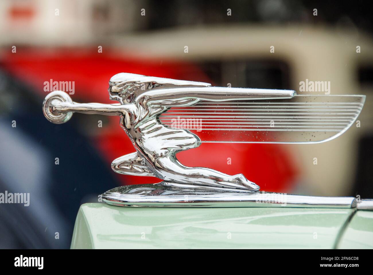 Hood Ornament di un'auto classica Packard One-Twenty al fine settimana Art Deco a Napier. Foto Stock