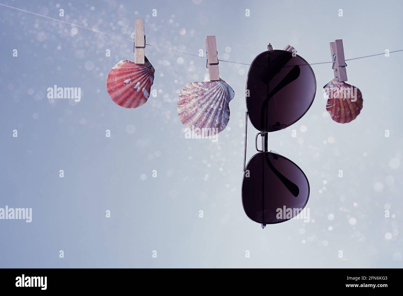 Conchiglie e occhiali da sole sulla stendibiancheria per il biglietto d'auguri. Foto Stock