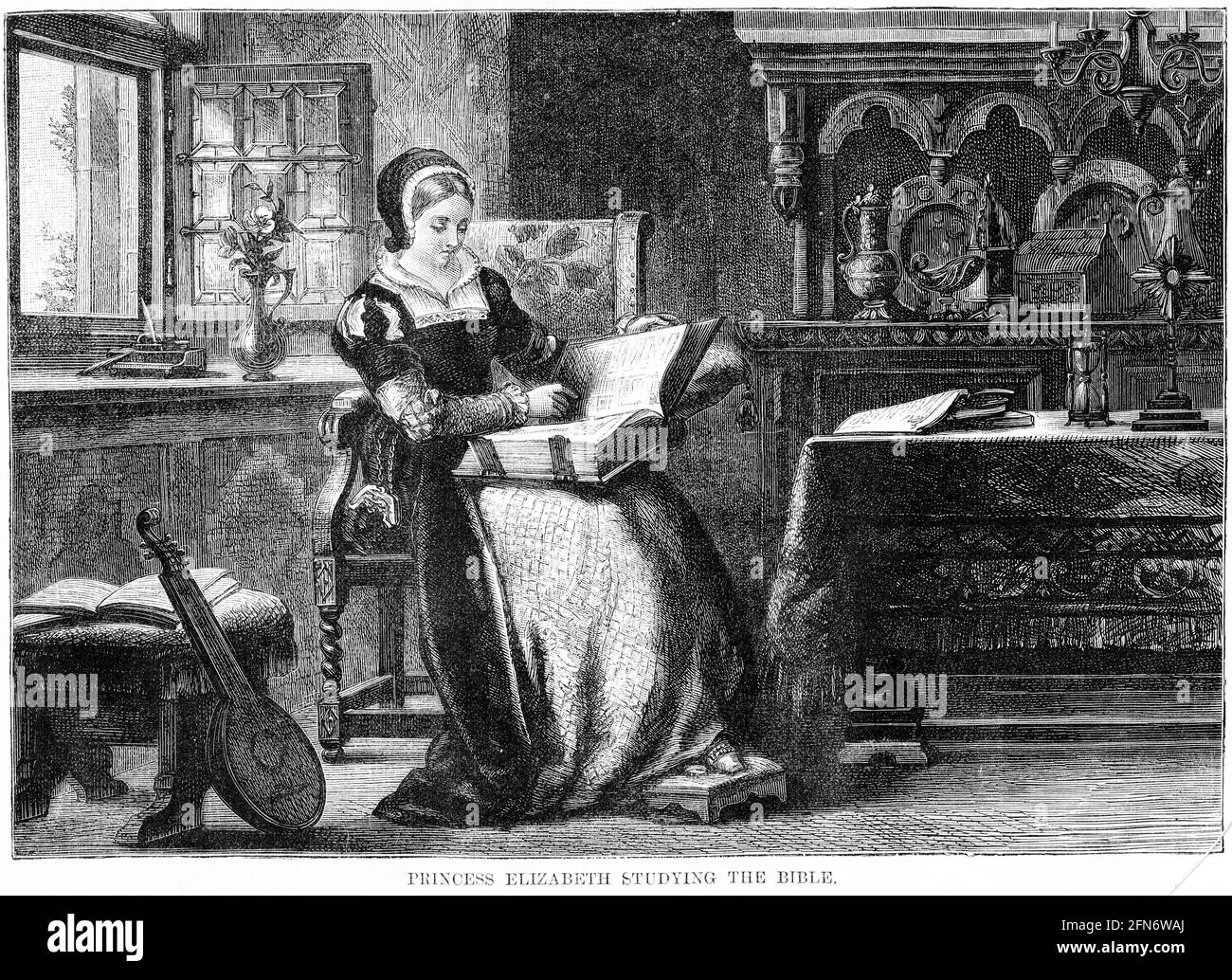 Incisione della Principessa Elisabetta che legge la Grande Bibbia, autorizzata dal padre re Enrico VIII Elisabetta ha poi autorizzato la Bibbia del Vescovo Foto Stock