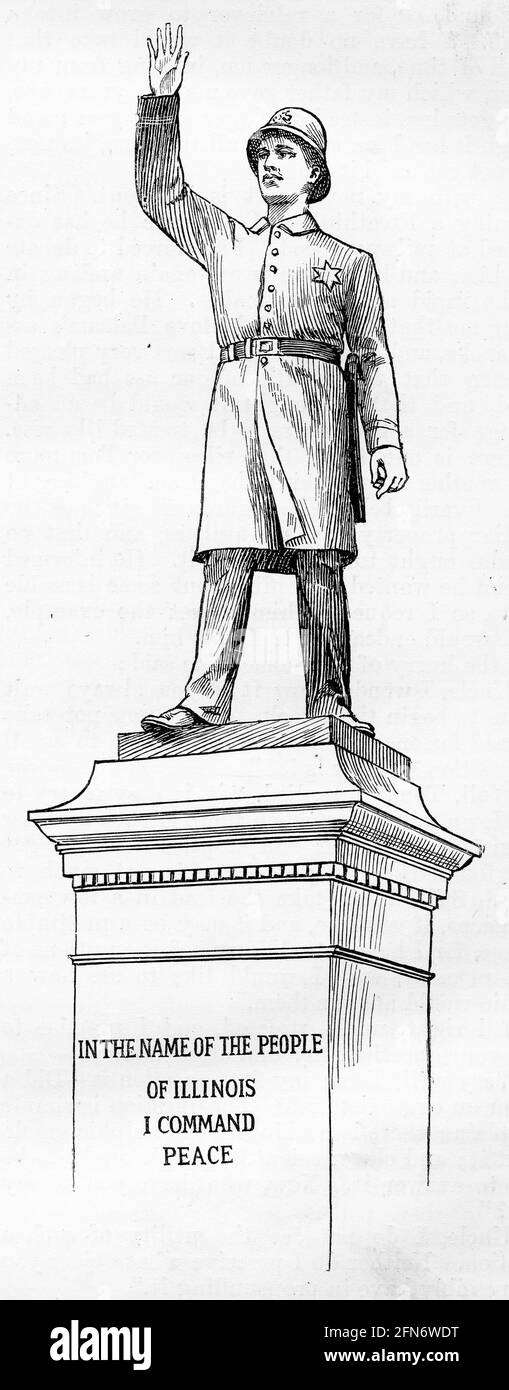 Incisione di una statua di un poliziotto che comanda la pace per il popolo dell'Illinois, USA, circa 1880 Foto Stock