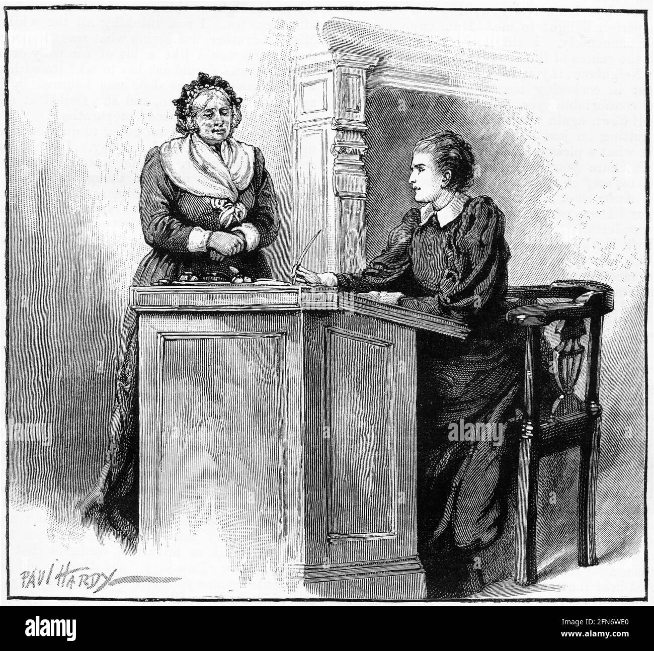 Incisione di una donna anziana che dà un resoconto ad un impiegato femminile seduto ad una scrivania, 1879 Foto Stock