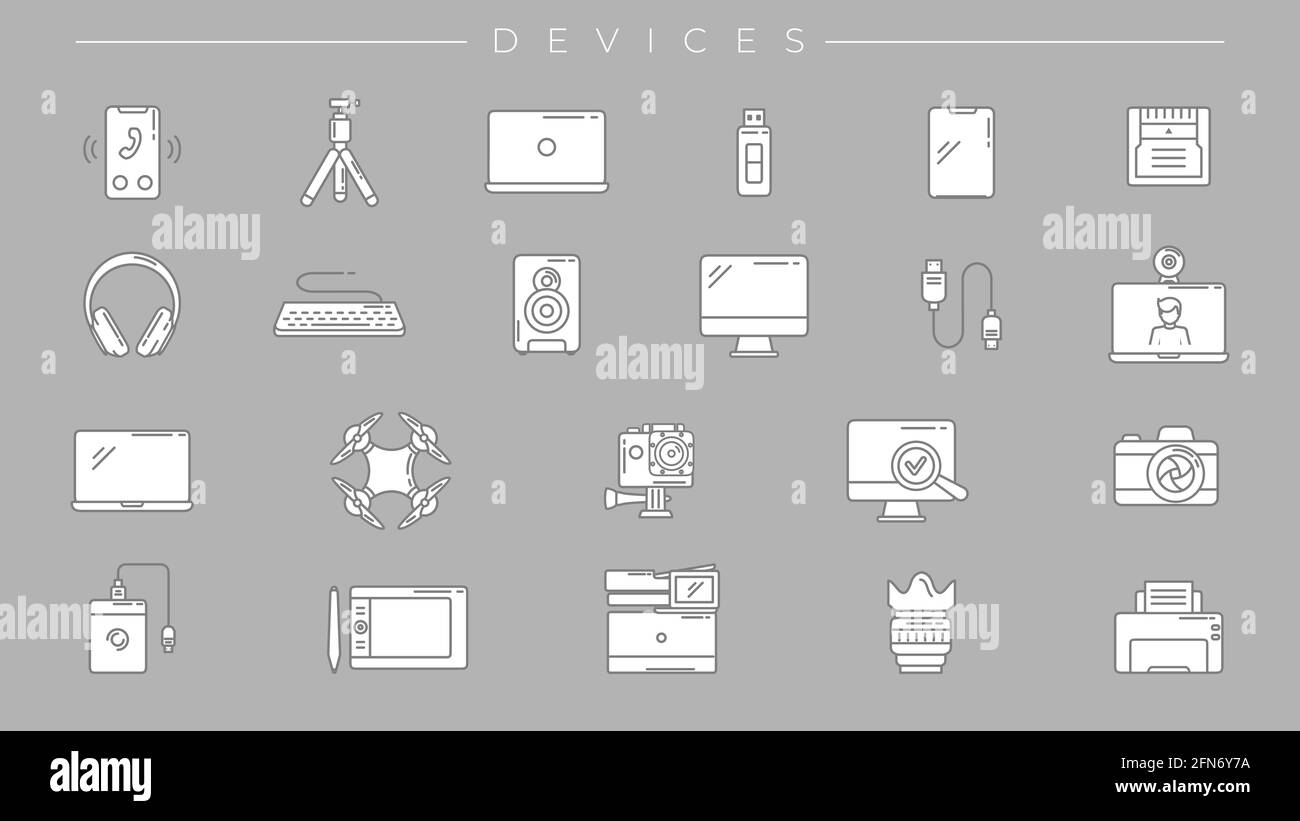 Set di icone vettoriali di stile linea di concetto dei dispositivi. Illustrazione Vettoriale