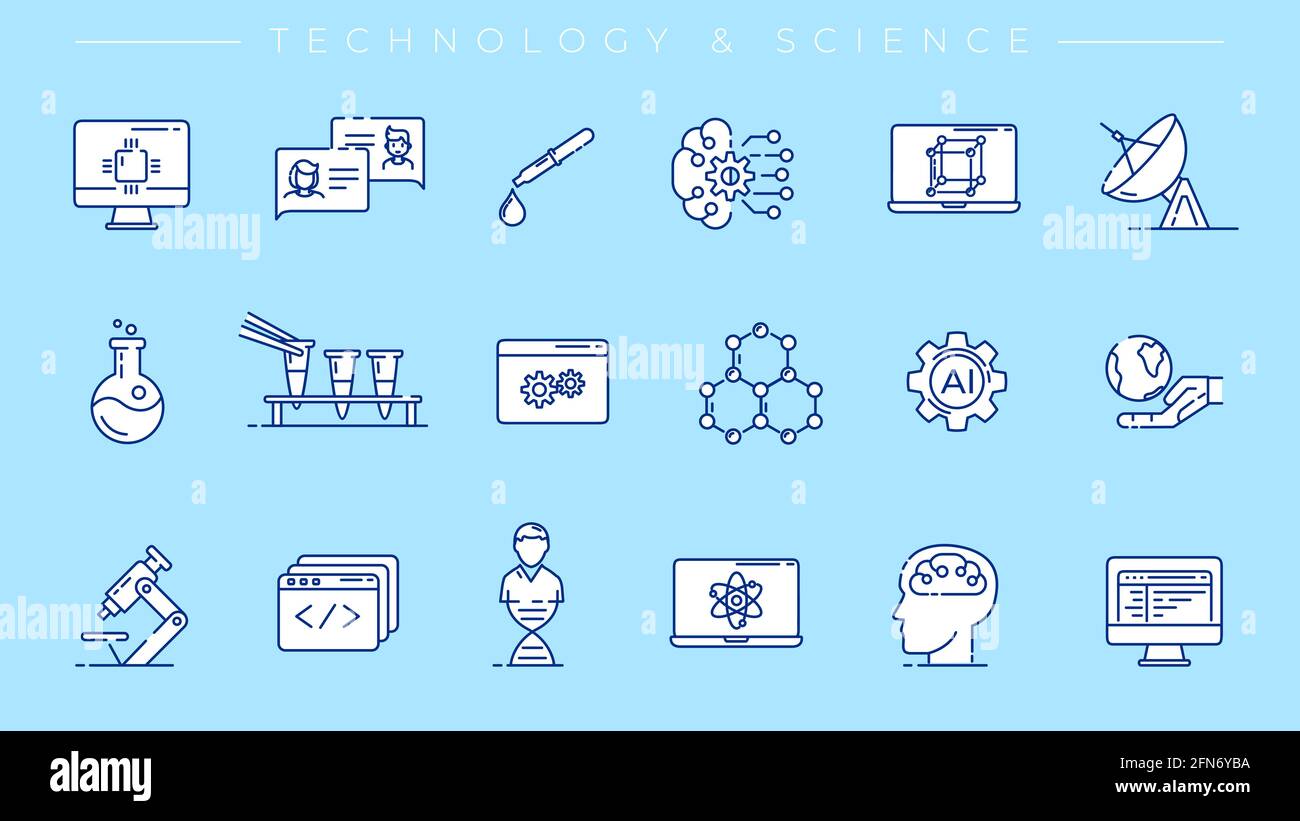 Set di icone vettoriali per lo stile della linea del concetto di tecnologia e scienza. Illustrazione Vettoriale