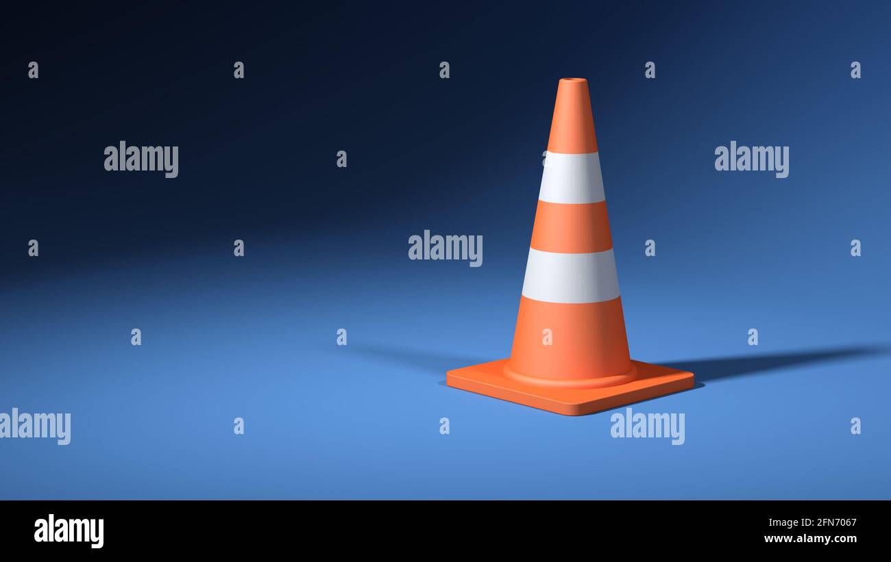 Cono di traffico arancione isolato su sfondo blu. Marcatori a forma di cono. illustrazione 3d. Foto Stock