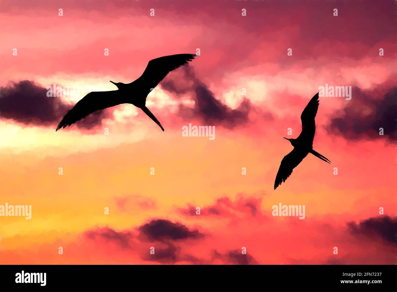 Due uccelli stanno volando attraverso il vibrante tramonto pieno di nuvole Cielo in un'illustrazione di stile di pittura Foto Stock