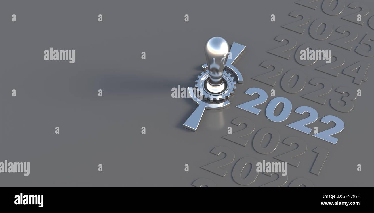 2022 Avvio del concetto di business di New Year Economy. Interruttore di comando retrò elettrico argento, numeri su sfondo grigio. Macchina pronta per iniziare per l'aspirazione Foto Stock