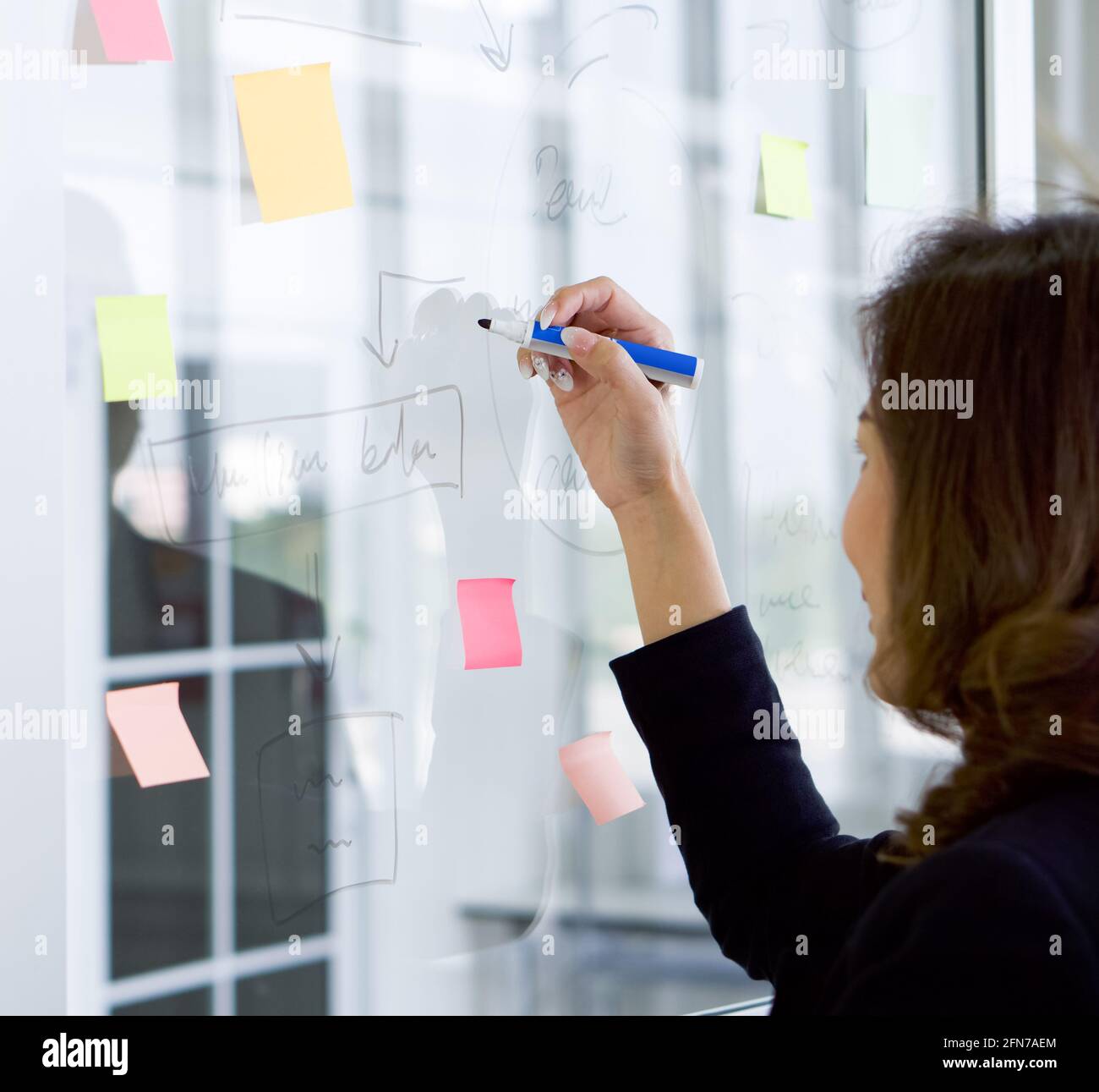 Donna di affari in vestito nero che disegna una mappa mentale per il programma di affari sul vetro. Sul pannello di vetro era presente una carta per appunti. Foto Stock