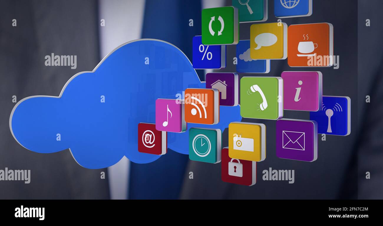 Social media e icone Internet su un uomo d'affari, tecnologia e concetti aziendali Foto Stock