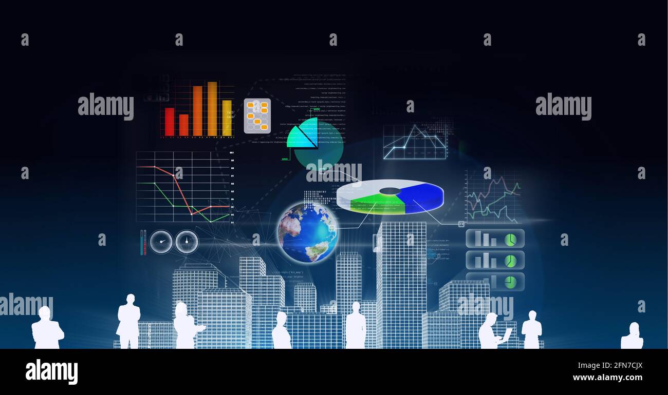 Silhouette di uomini d'affari su modello di città 3d e finanziario elaborazione dei dati su sfondo nero Foto Stock