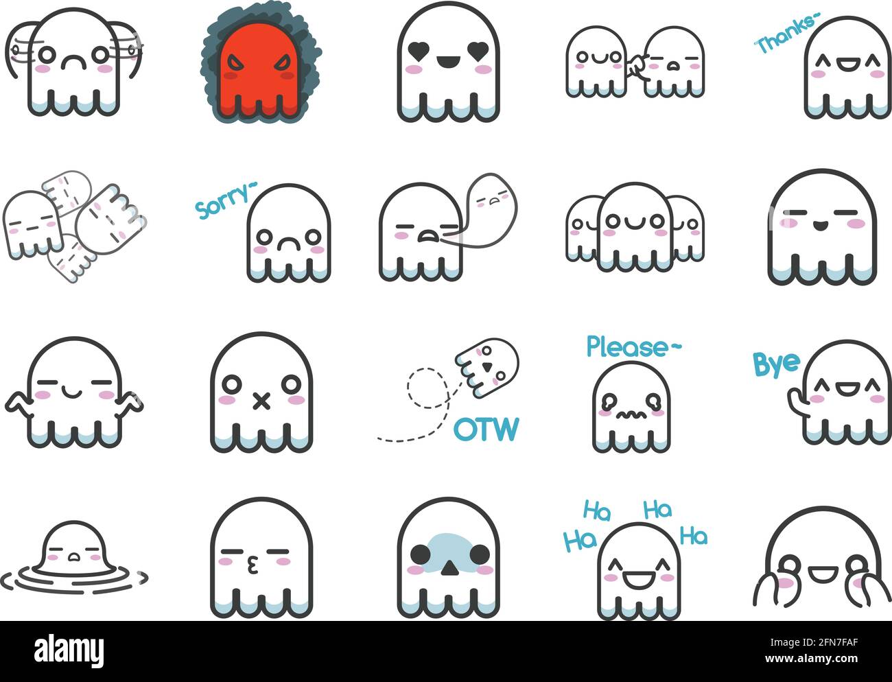 Carino White Ghost Sticker Set vettoriale di personaggi con più espressioni Illustrazione Vettoriale