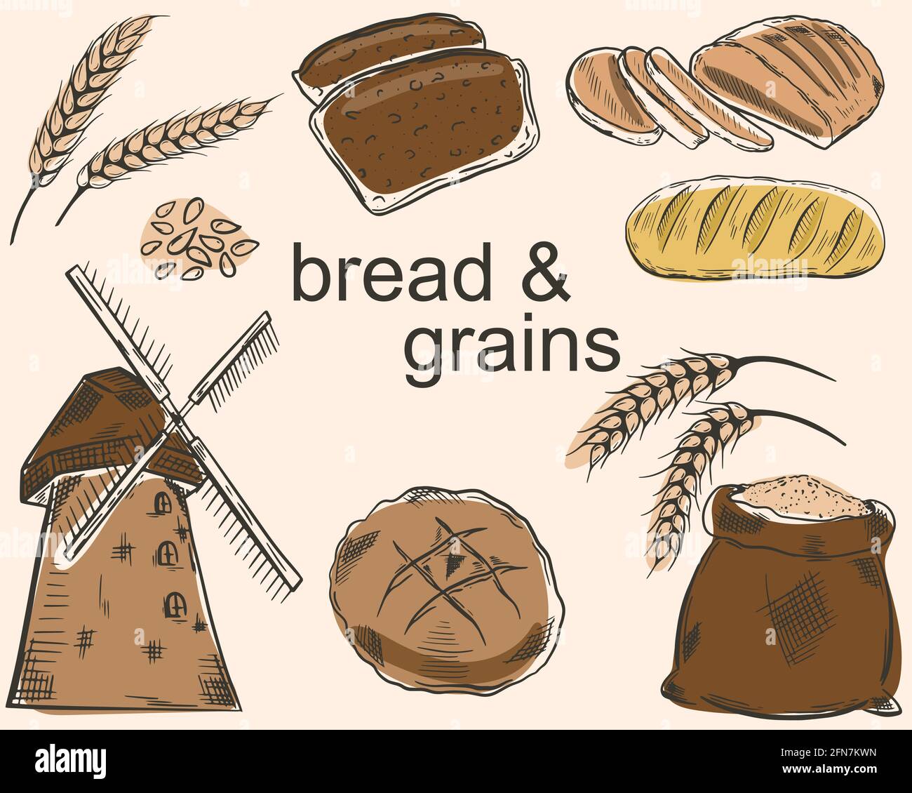 Un set di pane e cereali. Schizzi vettoriali di vari tipi di pane, cereali e un mulino. Agricoltura, coltivazione e produzione di prodotti da forno. Foo leggero Illustrazione Vettoriale