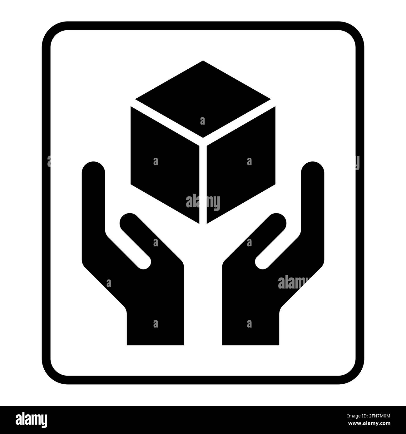 Maneggiare con l'icona di cura piatta con la cornice nera isolata su sfondo bianco. Simbolo della confezione fragile. Illustrazione vettore etichetta . Illustrazione Vettoriale