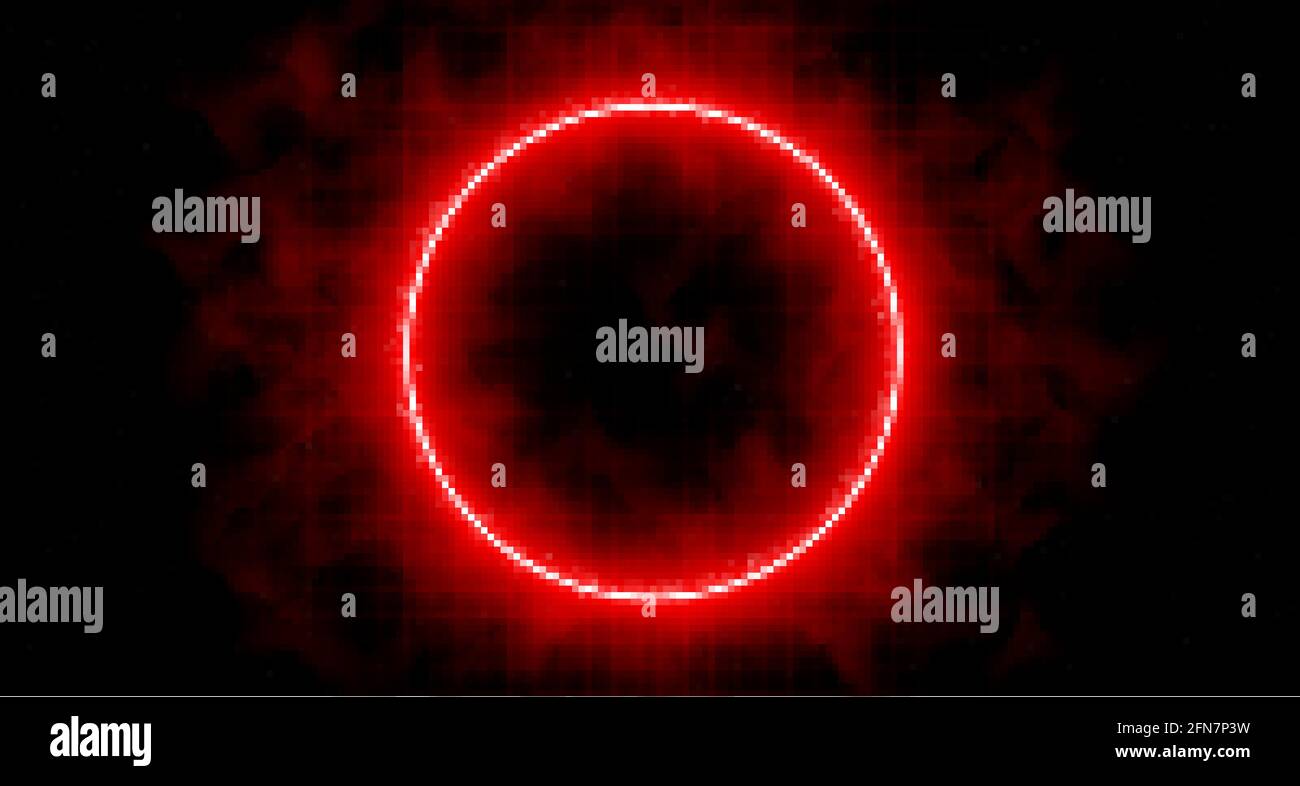 Raggio vibrante al neon laser con scintille, foschia e griglia laser su sfondo stellato. Rosso brillante forma rotonda. Cyberspazio. fantascienza futuristica Illustrazione Vettoriale