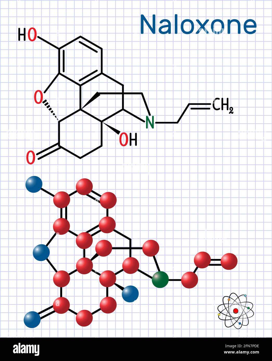 Molecola di naloxone. Viene usato per bloccare gli effetti degli oppioidi, specialmente in caso di sovradosaggio. Formula chimica strutturale e modello molecolare. Foglio di carta Illustrazione Vettoriale