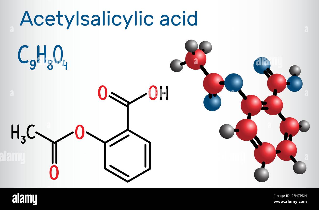 Molecola di acido acetilsalicilico (aspirina, ASA). Formula chimica strutturale e modello molecolare. Illustrazione vettoriale Illustrazione Vettoriale