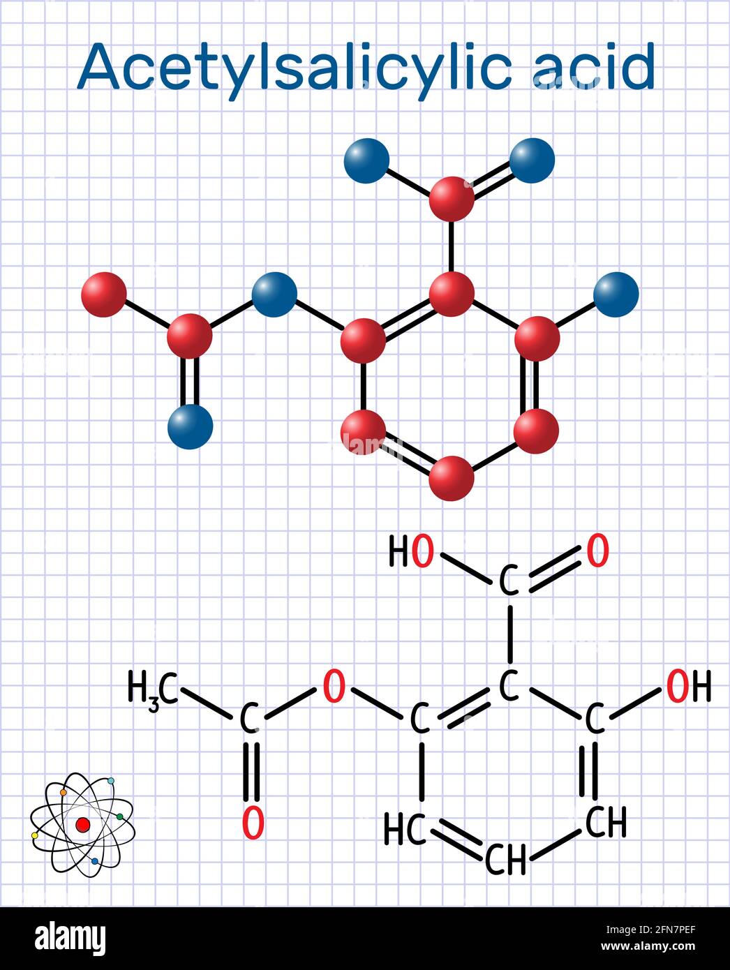 Molecola di acido acetilsalicilico (aspirina, ASA). Formula chimica  strutturale e modello molecolare. Foglio di carta in gabbia. Illustrazione  vettoriale Immagine e Vettoriale - Alamy