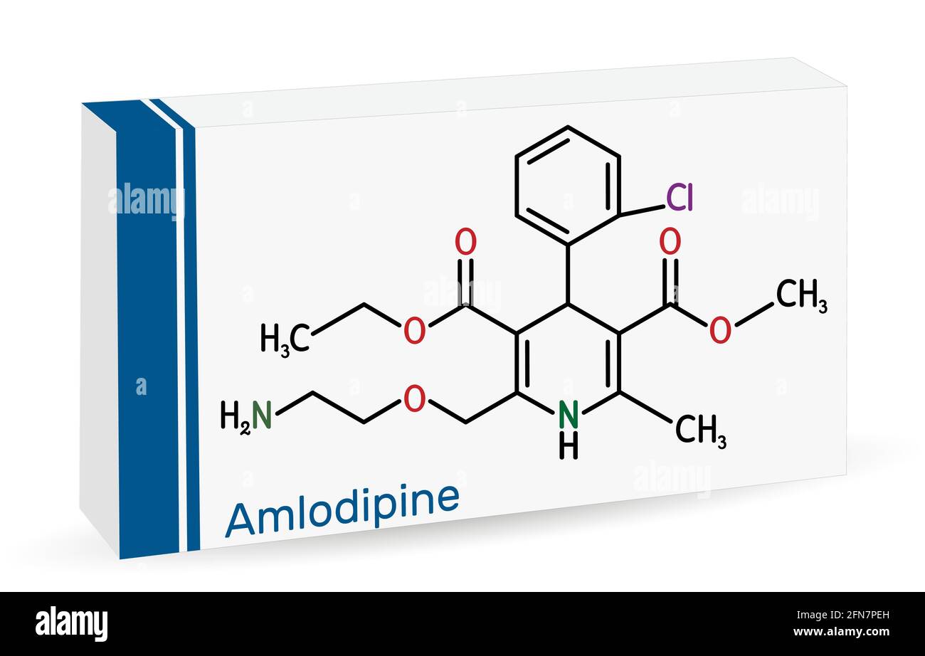 Molecola di amlodipina. È vasodilatatore, gruppo di farmaci antipertensivi di bloccanti del canale del calcio della diidropiridina. Imballaggio di carta per droghe. Vettore ill Illustrazione Vettoriale