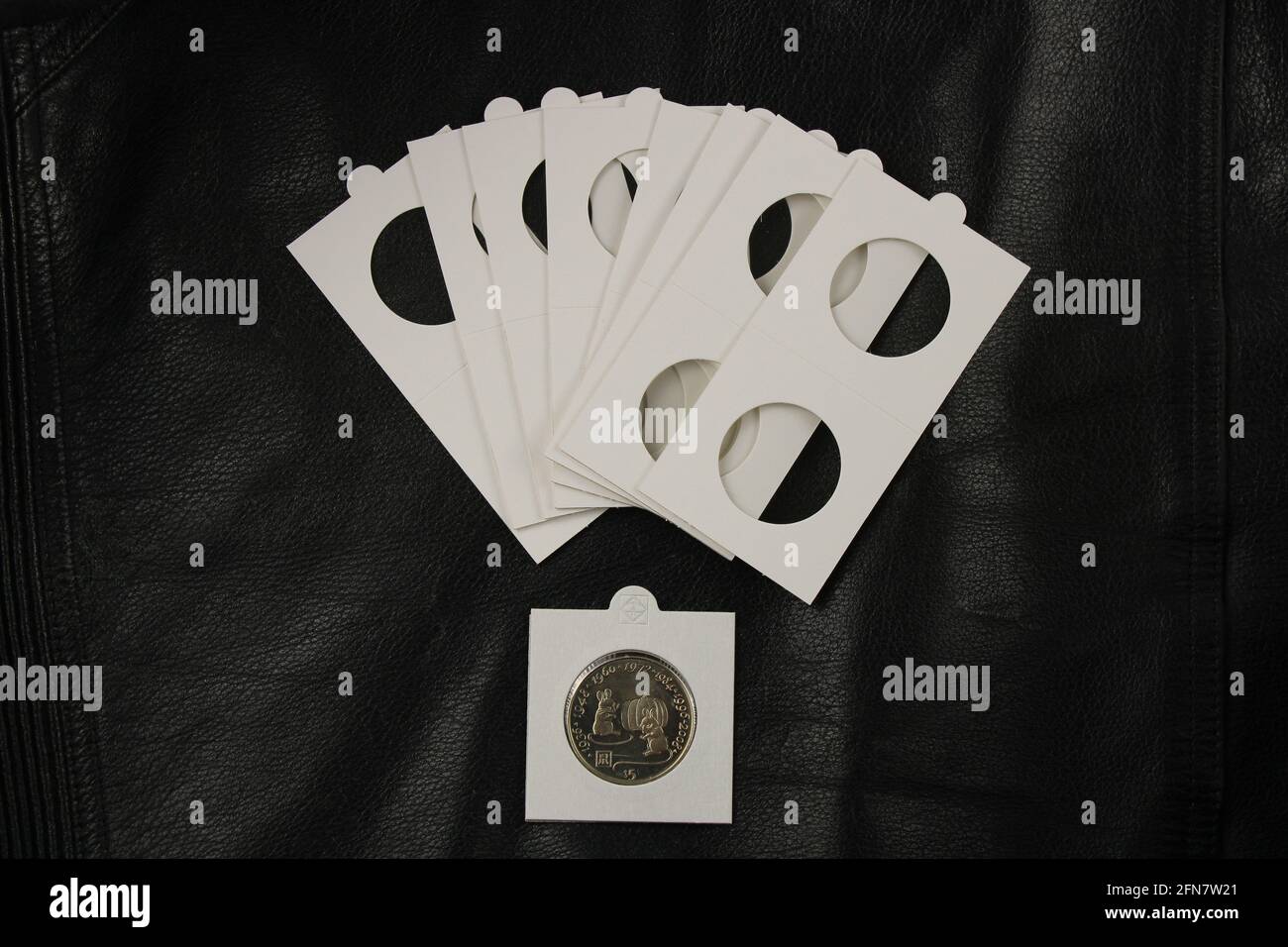 Portamonete per collezionisti di monete isolate su sfondo nero. Concetto di investimento finanziario Foto Stock