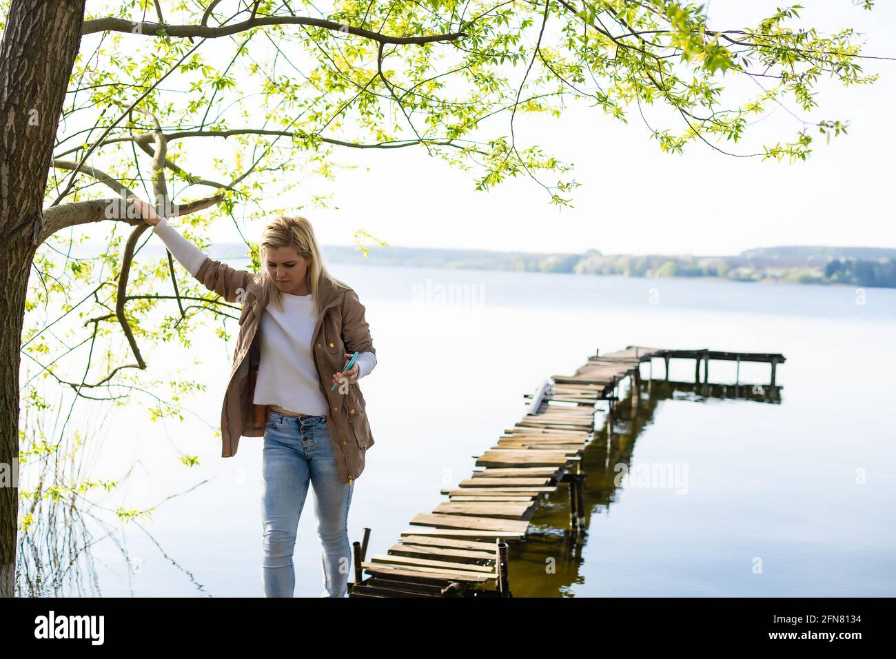 pier, piattaforma in legno panton sul fiume. Foto Stock